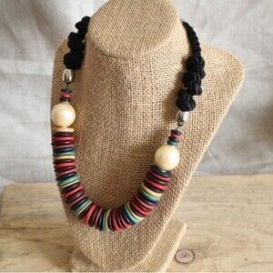 Vintage Funky Beaded Knotted Colorful Wood Flat Rondelle Beads Necklace 20 1/4"